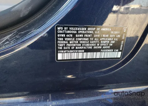 2012 Volkswagen Passat S из США, поврежденный, VIN 1VWAP7A39CC018899